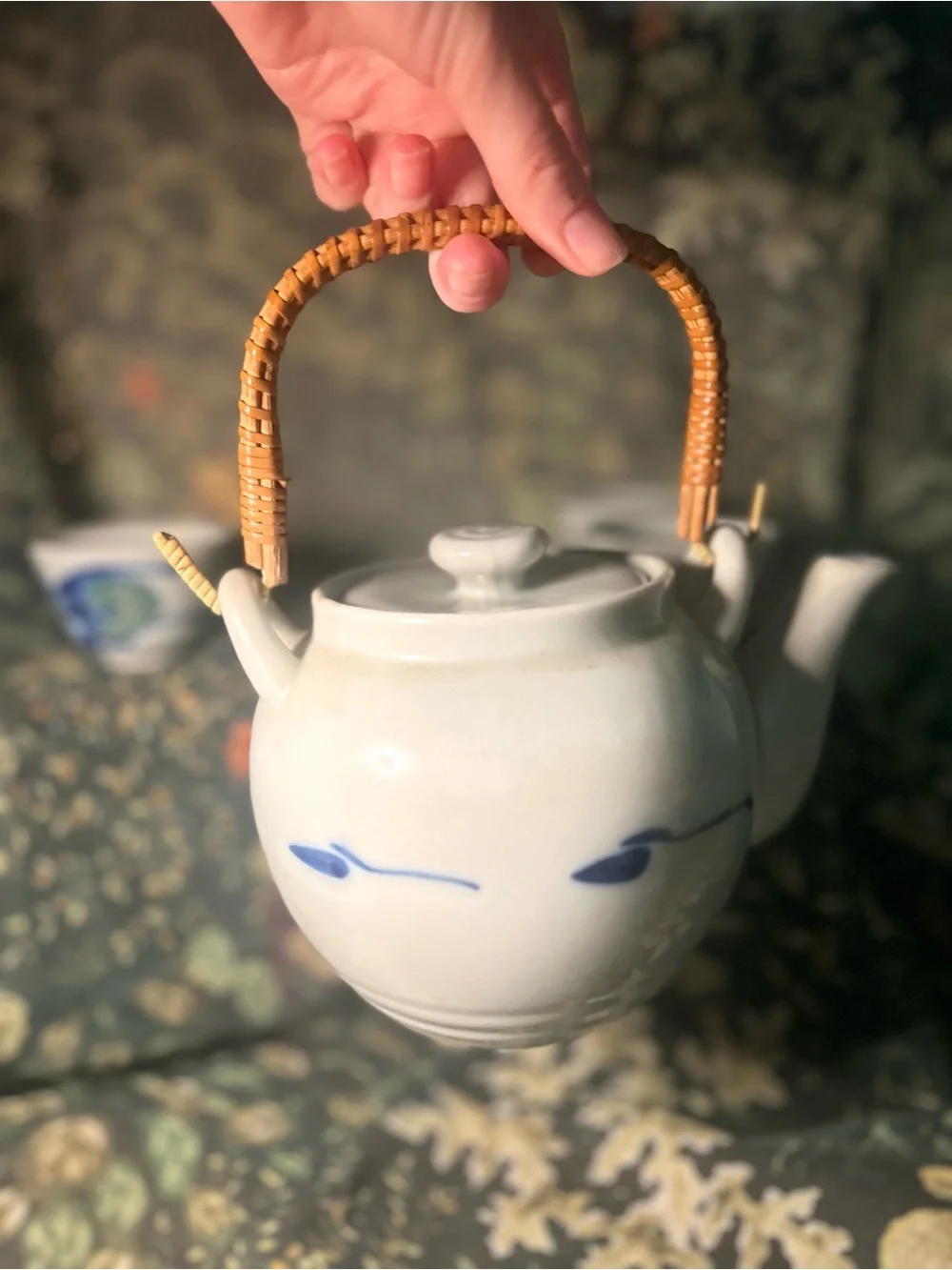 Ceramic Fish Teapot Set in White and Blue with Green Accents